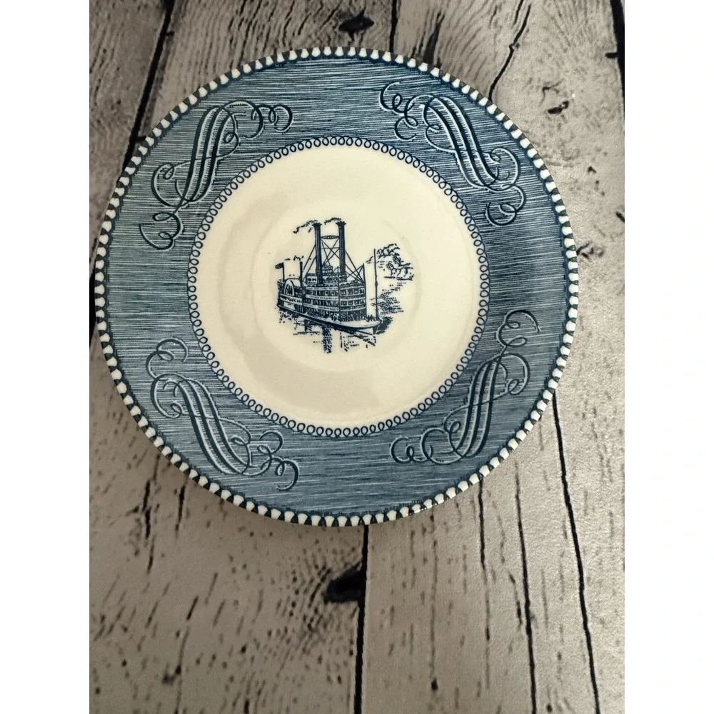 Vintage Royal China Currier & Ives Blue/White Steamboat Tea Cup & Saucer Set